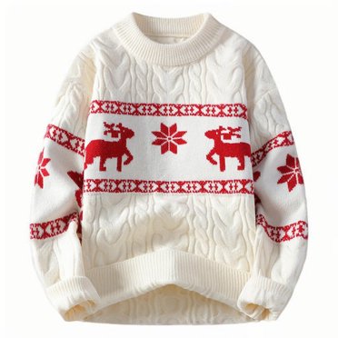 Fengqque Christmas Sweater Couple Matching Reindeer Snowflakes Crewneck Knit Pullover Men Women Xmas Jumper White XXL(XXL)
