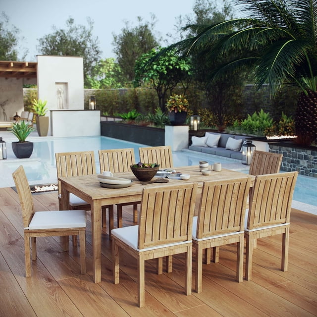 Modway Marina 9 Piece Outdoor Patio Teak Dining Set in Natural White