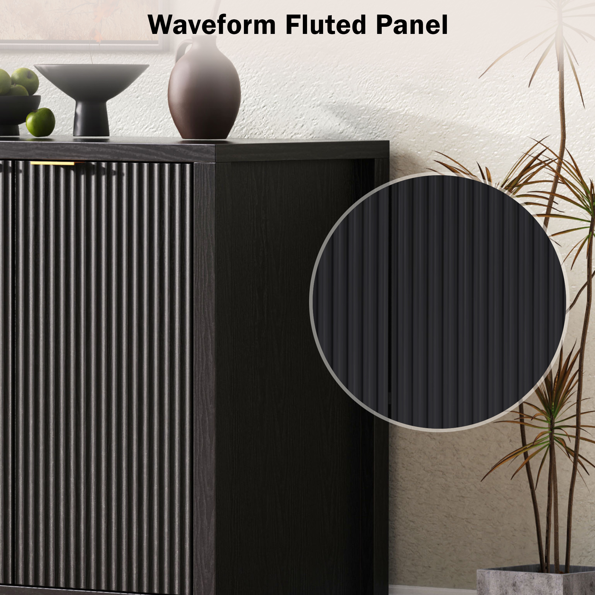 Noble House 55" Fluted Buffet Cabinet,4-Door Farmhouse Accent Storage with Adjustable Shelves for Dining Room,Black