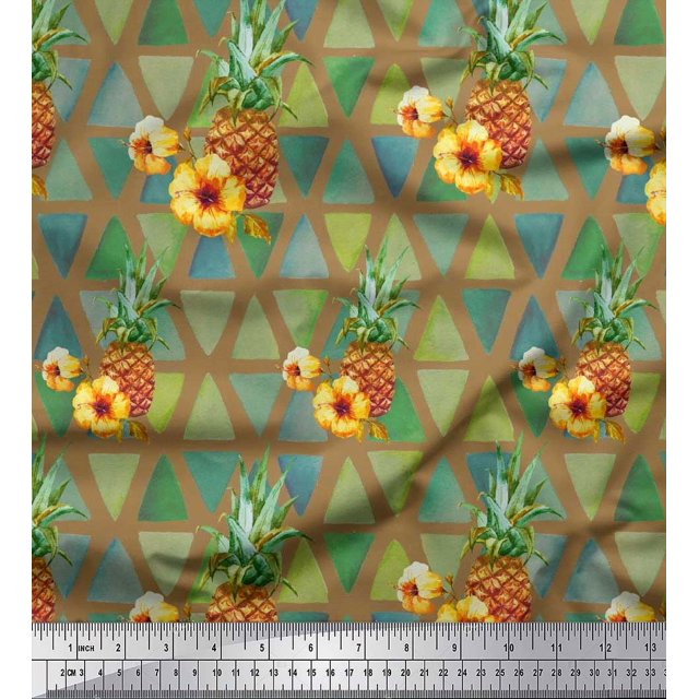 Soimoi Brown polyester Crepe Fabric Triangle & Pine Fruits Printed Craft Fabric by the Yard 42 Inch Wide