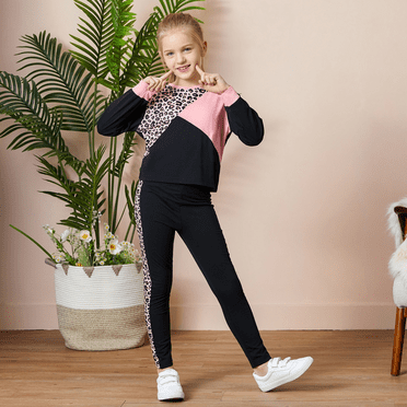 PatPat Kid Girls Sweatshirt and Jogger Set Leopard & Color Block Outfits Set Size 4-12