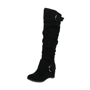 XZNGL Women Wedge Height Increase Shoes High Heel Casual Solid Color Slip-on Winter Warm Belt Buckle Knee-length Knight Boots