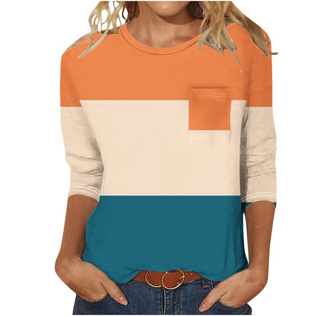 Blouses pour Femmes Haut Décontracté Uni à Col Rond à Manches 3/4 et à Poche à Manches 3/4 pour Femmes