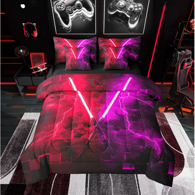 Erosebridal Teens Lightsaber Bedding Sets Queen Size, Futuristic Rectangle Comforter Sets with Sheets, Lightning Decor, Reversible