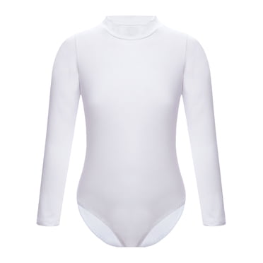 TTAO Girls Ballet Dance Gymnastics Leotards Long Sleeve Bodysuit Training Performance Costume Dancewear White Mock Neck 120