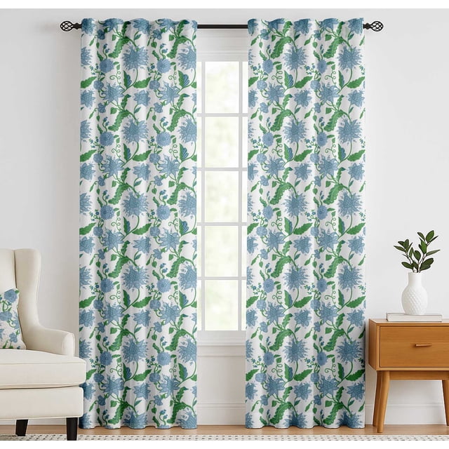Vargottam 84 Inch Rod Pocket/Back Tab Cotton Curtains for Windows and Doors - Light Filtering Cotton - Light Filtering Drapes For Doors - Set of 2 Panels, 52"x84" - Botanical Vine Design (Blue)