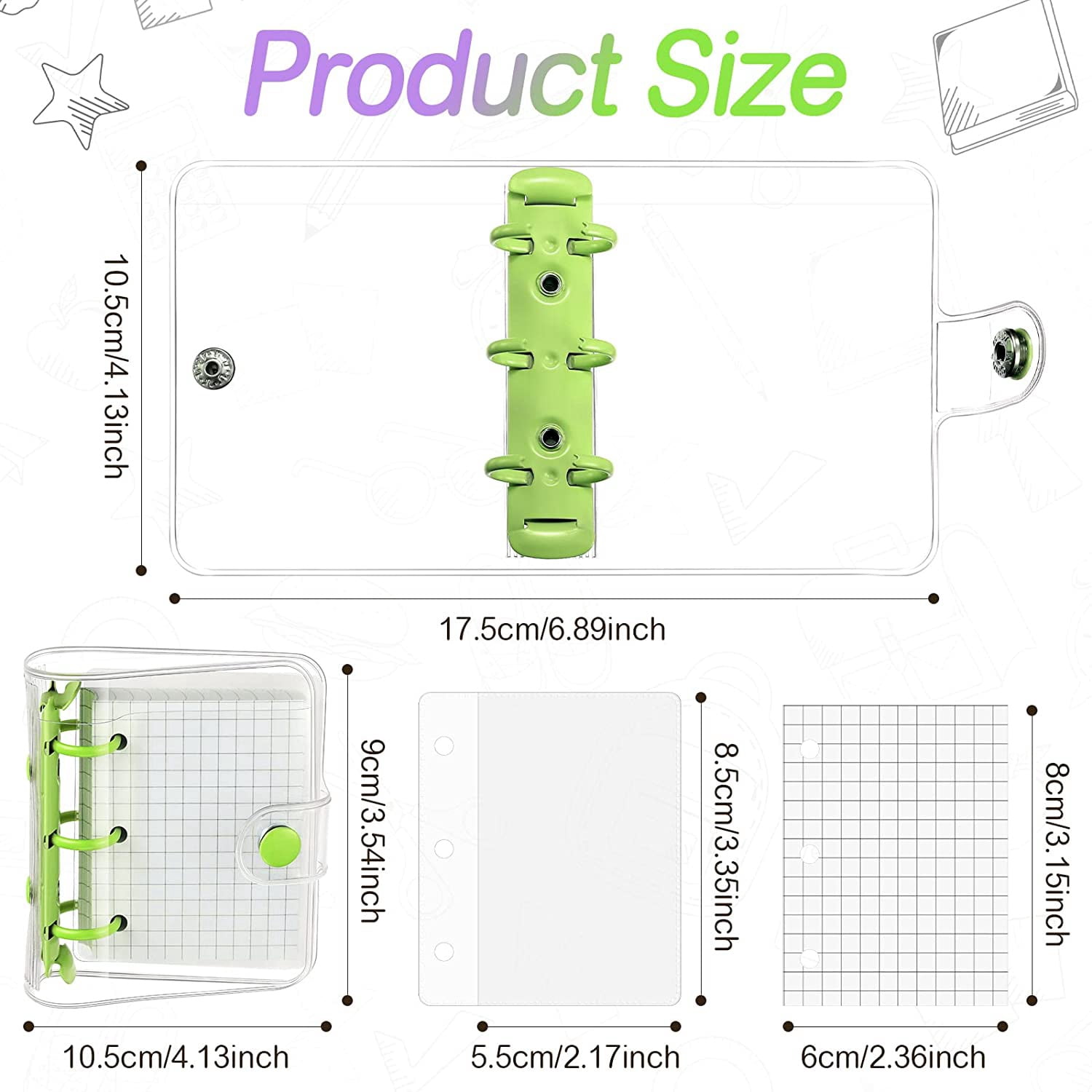 2 Sets Mini Clear 3 Ring Binder Covers with Binder Inner Paper Bag Clear Soft PVC Notebook Closure Binder(Green,Purple)