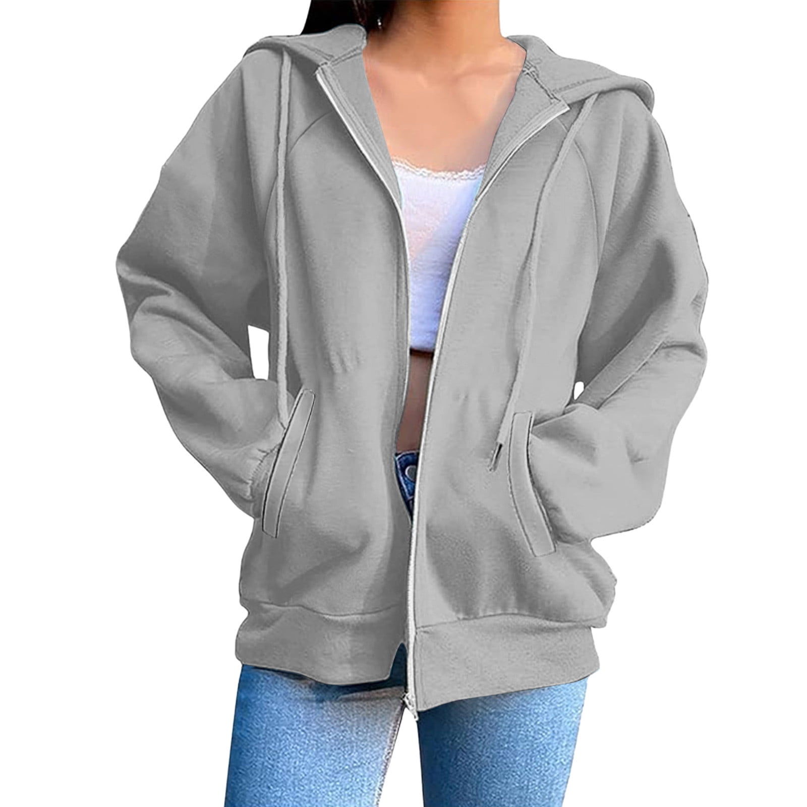 Mgmyaa Chandail en Molleton pour Femmes Mode Couleur Unie à Capuche avec Poche Manches Raglan Veste à Fermeture Éclair