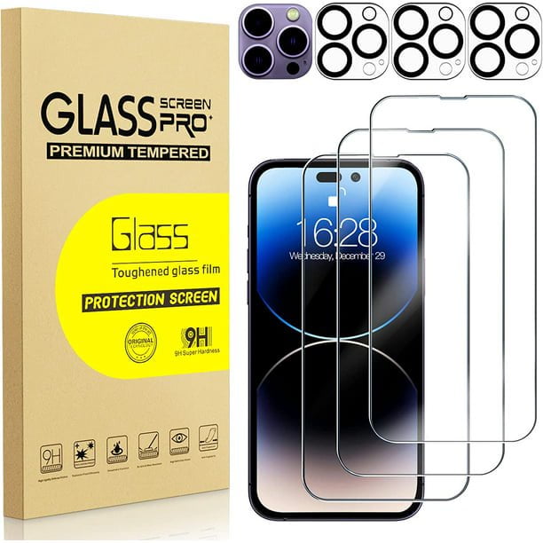 Lot de 3 14 Pro Max Protecteur d'Écran, films en Verre Trempé Compatibles avec iPhone 14 Pro Max. Comprend Trois Protecteurs d'Écran de 0,33 mm d'Épaisseur avec Dureté de 9 H pour Résistance aux Rayures, Revêtement Anti-Empreintes Digitales et Ultra-Pureté pour transmission de la Lumière de 99,99 %. Conçu pour Être compatible avec les Étuis et Sans Bulles avec un Cadre d'Installation Facile. Idéal pour la protection et les Accessoires d'Écran de Téléphone Cellulaire. l'Emballage Affiche « glass Screen Pro » branding aux Côté des Protecteurs et Outils
