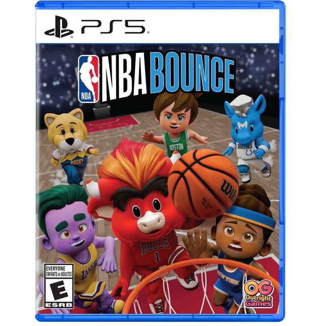 NBA BOUNCE (PlayStation 5) Couverture de Jeu Mettant en Vedette des Mascottes et Joueurs NBA Animés, Y Compris la Mascotte des Chicago Bulls Tenant un Ballon de basketball Près du Panier, le Joueur des Celtics de Boston, la Mascotte des Dallas Mavericks, le Joueur des Lakers de Los Angeles et le Joueur des New York Knicks sur un Terrain de basketball avec Image de Marque PS5 et Cote ESPRB pour Tout le Monde.