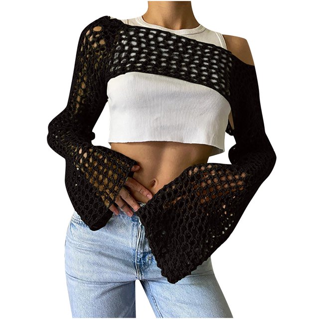 Longues Tuniques de Plage pour Maillots de Bain Femmes Chemise en Tricot Ajourée Unie Col Rond Manches Longues Hauts Tricotés Tuniques de Plage pour Femmes en Liquidation