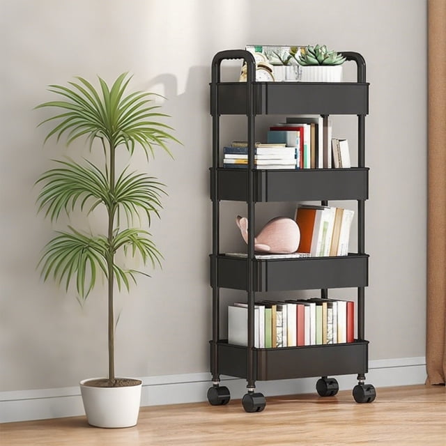 xaoyunyn Multifunctional 4 Tier Kitchen Storage Cart with Ergonomic Armrests and Breathable Shelves Suit for Versatile Home Organization Including Bathroom Snacks Toys and More