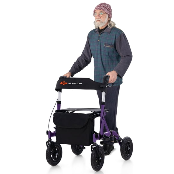 Goplus Déambulateur à Roulettes Pliable à Hauteur Réglable avec Siège, Sac de Rangement pour Aînés Violet