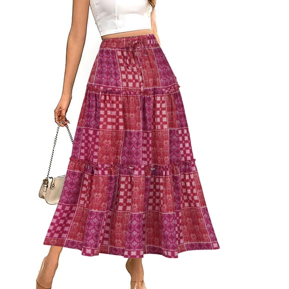 FcBaudy Skirts for Women, Midi Dresses for Women, Summer Dresses for Women Ladies Printed Bohemian Commuting Elastic Waist Drawstring Skirt Women half skirt