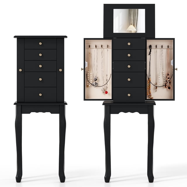 Gymax Armoire à Bijoux Miroir avec Miroir à Clapet et 4 Tiroirs en Noir. l'Armoire Comprend un Miroir à Clapet, Quatre Tiroirs de Tailles Variables, Deux Portes Basculantes avec Huit Crochets pour Colliers et des Compartiments Supplémentaires pour un Rangement Accru. Fabriquée en MDF et Bois avec des Pattes Robustes, Elle Mesure 13 Pouces par 9 Pouces par 34 Pouces. le design Élégant Comprend un Miroir Caché sous le Couvercle Supérieur et une Finition Soignée.