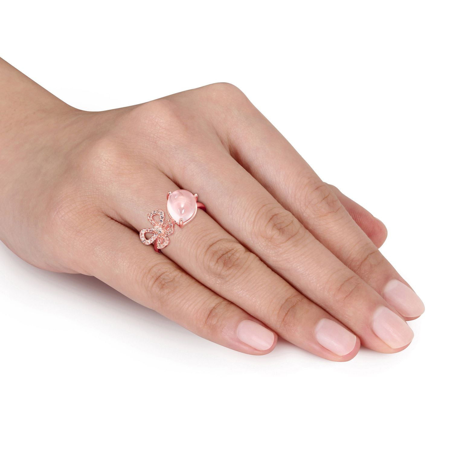 Bague cocktail florale Tangelo avec quartz rosé et topazes blanches 1-3/8 CT PBT en argent sterling plaqué de rhodium rosé
