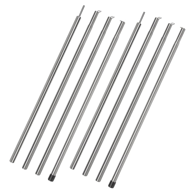Camping Tarp Poles Ultralight Titanium Alloy Tent Support Rods Lightweight. A set of titanium alloy tent poles, including 2 top rods, 4 middle rods, and 2 bottom rods with rubber sleeves for enhanced grip. Available in combined heights of 1.8m, 2.0m, and 2.2m, with a diameter of 16mm and a weight range of approximately 536-655g. Designed for quick assembly and disassembly, ideal for camping and outdoor use.