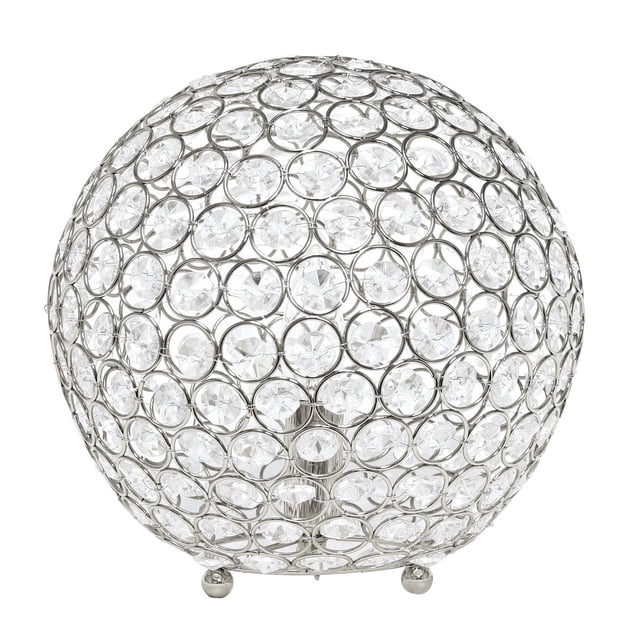 Elegant Designs Elipse 10 Inch Crystal Ball Sequin Table Lamp with a 10-inch diameter spherical frame of clear faceted crystals set in silver-tone metal rings, standing on three ball feet, suitable for decorative table lighting in bedrooms, offices, or entryways.