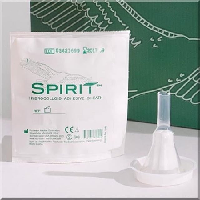 30-Pack Spirit Condom Catheters Hydrocolloid Sheath Style 1, 29mm Medium Rochester/Bard. The image displays a latex-free male external catheter with hydrocolloid adhesive and breathable silicone material, alongside Spirit-branded packaging. Designed for incontinence care, it offers moisture-wicking and flexible comfort.