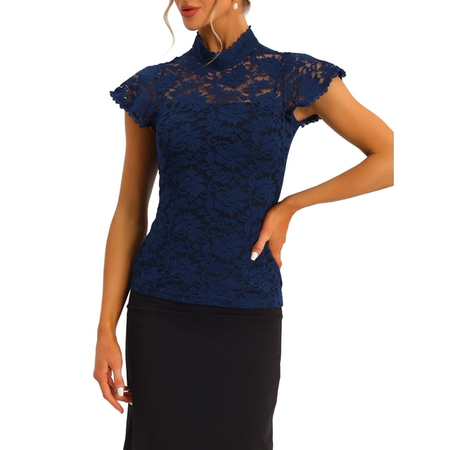 INSPIRE CHIC Women's Keyhole Back Top Short Sleeve Stand Collar Semi Sheer Blouse S Navy Blue