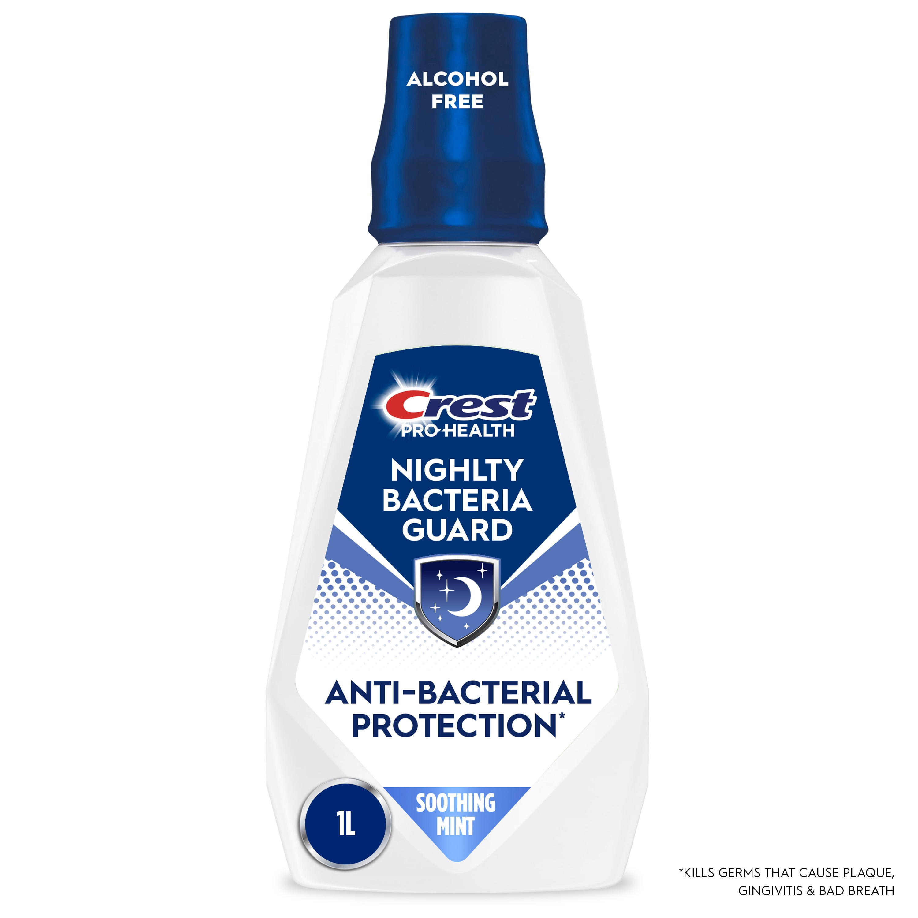 Rince-bouche Crest Pro-Santé Protection de nuit contre les bactéries, antibactérien pour une protection de nuit, sans alcool, antigingivite, antiplaque, Menthe apaisante, 1 L