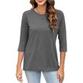 thumbnail image 3 of Olyvenn T-Shirt à Manches 3/4 pour Femmes 2025, Hauts, Couleur Unie, Été Printemps, Mode, Blouse à Col Rond, Tee, Vêtements Tendance pour Femme, Gris, P, 3 of 6