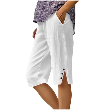 Lenpel Women's Cotton Linen Bermuda Shorts Plus Size Elastic Waist Side Split Button Knee Length Shorts Summer Casual Beach Shorts
