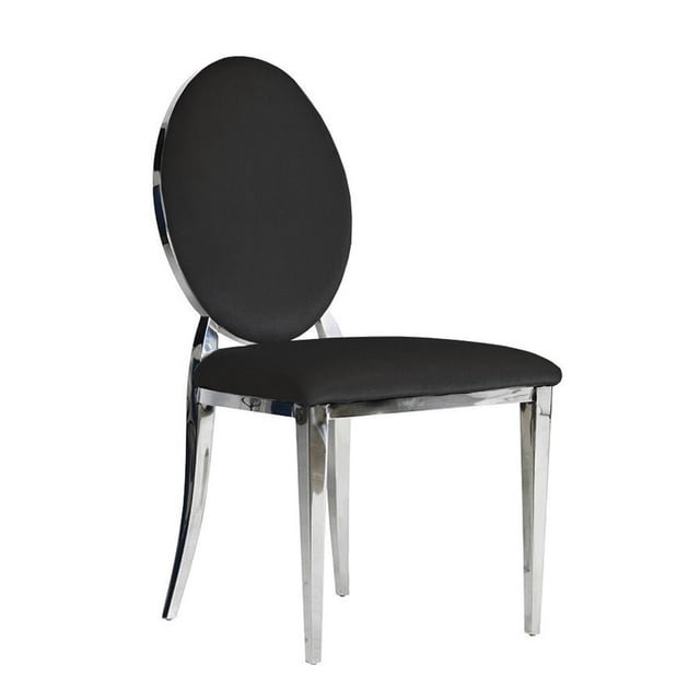 Canadian Zara Velvet Silver Dining Chair (Set of 2) with round black velvet seat and backrest, supported by mirror-finished stainless steel legs, designed for modern kitchen and dining seating, also suitable for elegant office or vanity seating.