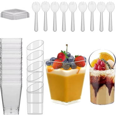 Coupes à Dessert Transparentes avec Couvercles et Cuillères, Lot de 50 Coupes à Dessert Mini 5 Oz 3 Oz, 2 Types de Coupelles d'Apéritif Parfait, Mini Gobelets Réutilisables pour Desserts de Fête