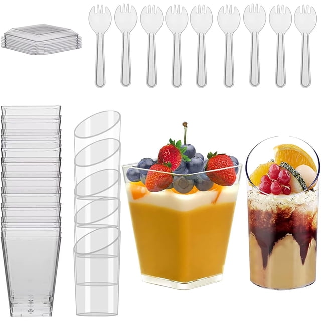 Coupes à Dessert Transparentes avec Couvercles et Cuillères, Lot de 50 Coupes à Dessert Mini 5 Oz 3 Oz, 2 Types de Coupelles d'Apéritif Parfait, Mini Gobelets Réutilisables pour Desserts de Fête