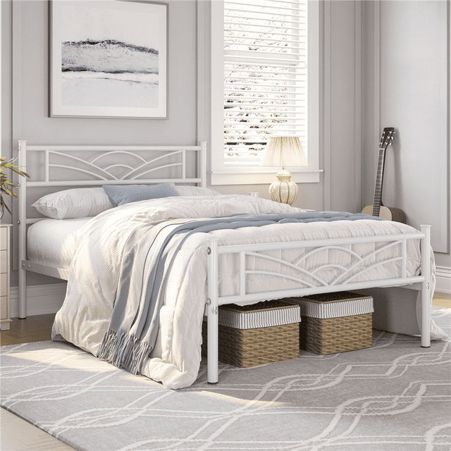 Yaheetech Metal Platform Bed with Cloud-inspired Design in twin size, white color. The bed features a durable metal framework with a cloud-inspired headboard and footboard, adding artistic charm to the bedroom. It includes 12 metal slats, sturdy support legs, and raised side rails to secure the mattress. The frame offers 12.6 inches of under-bed storage space, ideal for organizing items like boxes and shoes. Shown in a cozy bedroom setting with a grey rug, decorative bedding, and natural light from a window.
