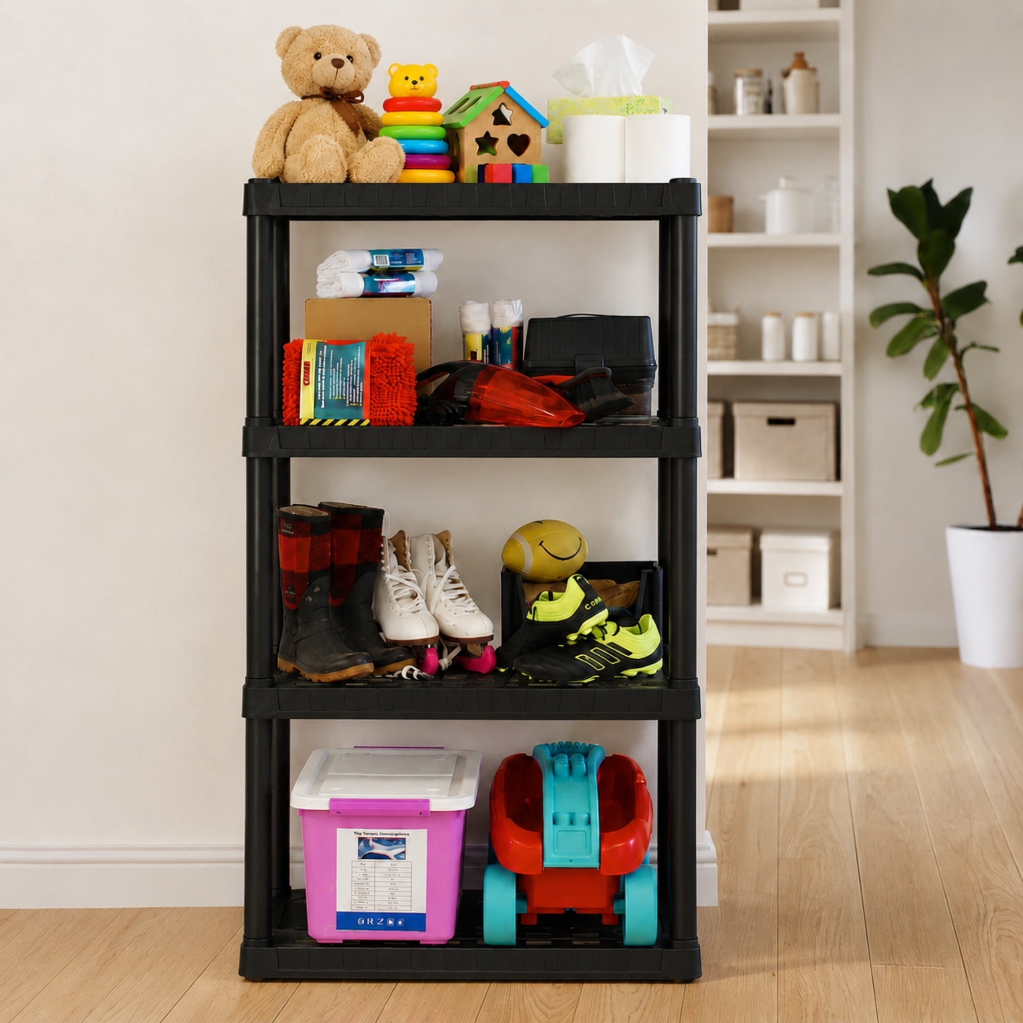 Hyper Tough Plastic Shelf Garage Shelves 4-Tier 57"H x 14"D x 30"W 2-Pack Black-400 lb Total Capacity