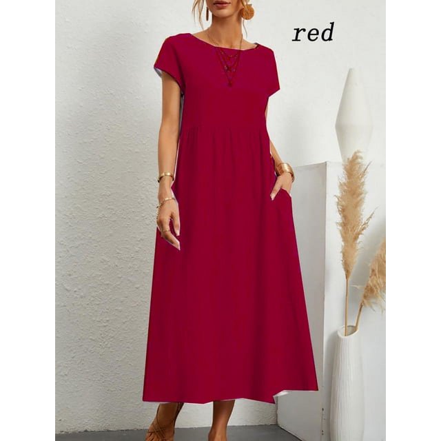 2024 Nouvelle Robe Femme Rétro Couleur Unie Sans Manches Jupe Longue Ample avec Poches