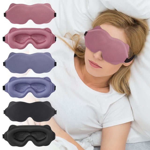Clearance! Gspmoly Sleep Mask, a breathable and soft sleep mask designed for side sleeping and travel. The image shows multiple color options, including pink, purple, and black, with a contoured design for enhanced eye comfort and light blocking. Adjustable straps ensure a secure fit for all eye shapes. A person is shown lying on a bed wearing the mask.