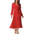 thumbnail image 2 of INSPIRE CHIC Robe Plissée pour Femme à Manches Longues Bouffantes, Col en V, Robe avec Ceinture à la Taille, G Rouge, 2 of 6