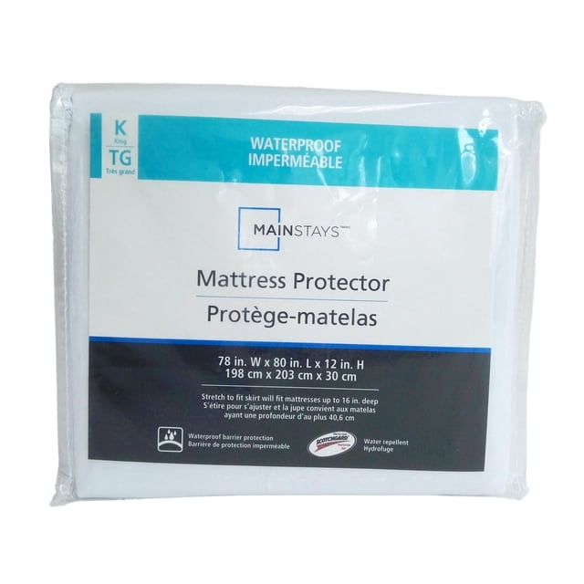 Mainstays Protège-Matelas Imperméable Format Très Grand en Emballage Transparent avec Étiquette Indiquant les dimensions de 78 par 80 par 12 Pouces, Housse de Matelas Imperméable avec Jupe Extensible s'Adaptant aux Matelas jusqu'à 16 Pouces de Profondeur, Fait de polyester Blanc avec Endos en lamination de Polyéthylène pour Déperlance et protection.