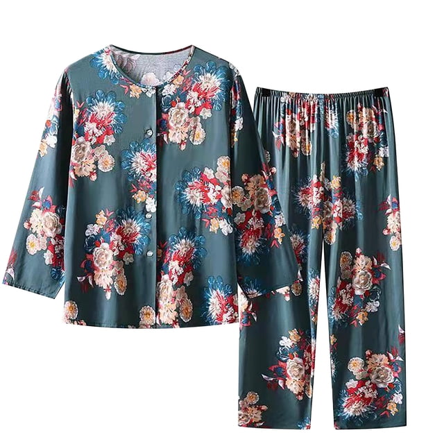 Penkiiy Ensemble Deux Pièces d'Été pour Femme, Pyjama à Manches Longues à Col Rond, Hauts Imprimés et Pantalon, 3TG Multicolore