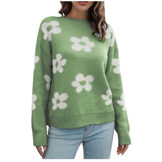 Rbaofujie Chandails d'Automne pour Femmes Ample Fleurs Chandail à Col Rond Blouse d'Hiver à Manches Longues Chandail Vert Chandail à Capuchon