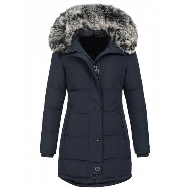 Innerwin Thickened Jacket Long Sleeve Ladies Coat Outdoor Solid Color Slim Fit Outwear Dark Blue M