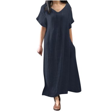 Yuyuzo Robe Maxi en Coton et Lin pour Femmes à Manches Courtes, Col en V, Longue Robe Décontractée Ample et Fluide avec Poches