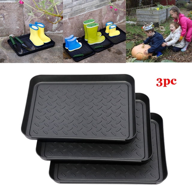 RXIRUCGD Plateau de Tapis de Bottes de Jardin Extérieur Polyvalent Tapis de Bottes et Plateau pour Protection de Plancher, Comprenant un Ensemble de Trois Plateaux en Plastique Noir avec Bords Surélevés et une surface Texturée pour une Fonctionnalité Antidérapante. Ces Plateaux Sont Idéaux pour Ranger des Chaussures Mouillées Ou Boueuses, des Outils de Jardinage Ou de Petits Articles, Gardant les Planchers Propres et Secs. les Plateaux Peuvent s'Emboîter pour Créer une Plus Grande surface et Sont Faciles à Nettoyer. Chaque Plateau Mesure Environ 35x27,5x3 cm.