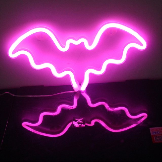HHBEAUTY LED Neon Bat Lights Pink, Bat Shape Neon Signs Night Lights Battery Operated Desk Table Lamp for Bedroom, Bar, Wall, Halloween Decor-Bat (Pink)