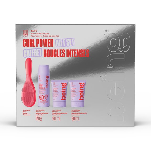 being CURL POWER Gift Set with Coconut and Grapeseed Oil - Curl Defining Foam, Shampoo, Conditioner & Detangling Brush