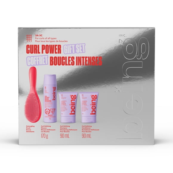 Coffret cadeau CURL POWER being à l'huile de noix de coco et de pépins de raisin : mousse définissante pour boucles, shampoing, après-shampooing et brosse démêlante