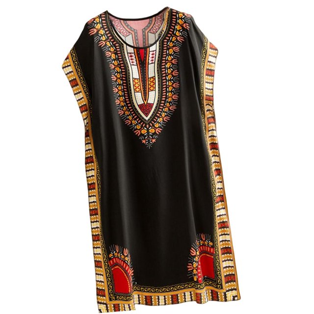 maskred Femmes de la Mode Plage Vacances Robe Boho Ethnique Élégante Robe en Vrac Noir 1Set