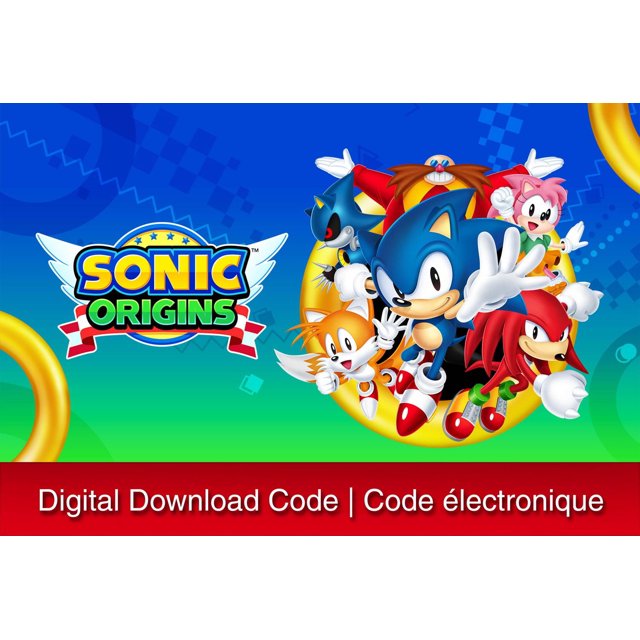 Sonic Origins - Nintendo Switch digital download code cover art featuring Sonic the Hedgehog, Tails, Knuckles, Amy Rose, Dr. Robotnik, and Metal Sonic inside a golden ring on a blue and green gradient background with the Sonic Origins logo and a red banner indicating digital download code in English and French.