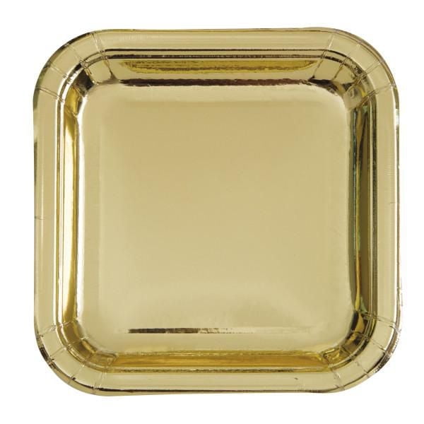 Square 9-inch gold foil disposable dinner plate with rounded edges, part of an 8-count set