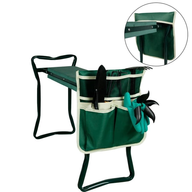 Tabouret de Jardin Pliant avec 4 Grands Sacs à Outils