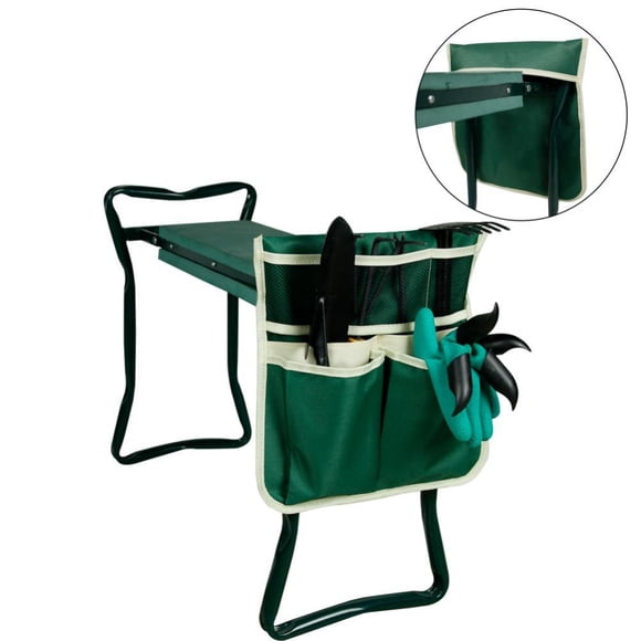 Tabouret de Jardin Pliant avec 4 Grands Sacs à Outils