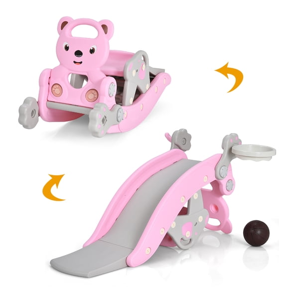 Babyjoy 4-in-1 Rocking Horse & Slide Set Toddler Slide Playset w/Basketball Hoop